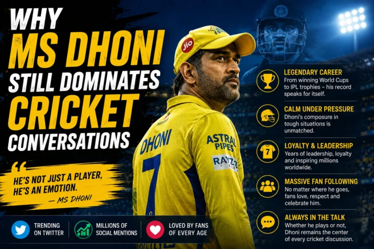 MS Dhoni standing in a cricket stadium with cheering fans and bright stadium lights during an exciting IPL match.